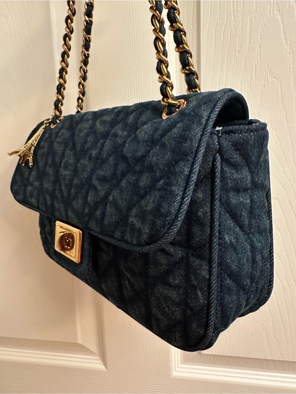 Karl Lagerfeld Quilted Blue Denim Chain Shoulder Bag with Eiffel Charm - Picture 3 of 16